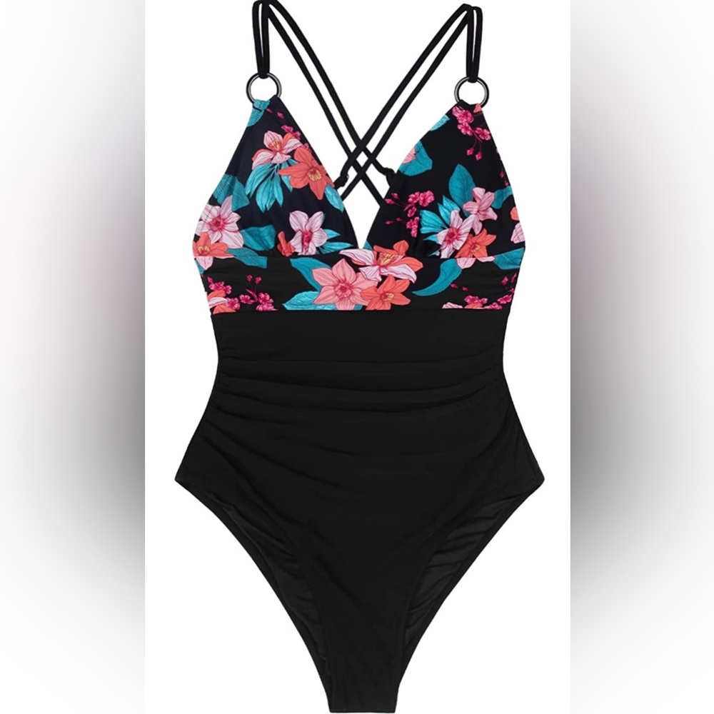 CUPSHE Women's Floral O-Ring Criss Cross One Piece Swimsuit V Neck Padded